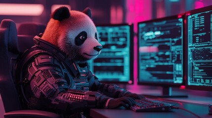 Panda in a space suit working at a computer.