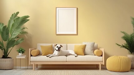A white dog lies on a beige couch in a living room with yellow walls, plants, and a yellow ottoman.