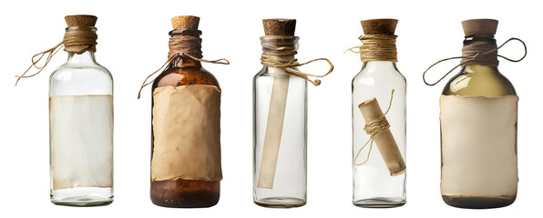 Collection set of message blank note label on rustic empty bottle on transparent background cutout, PNG file. Many different style. Mockup template for artwork graphic design