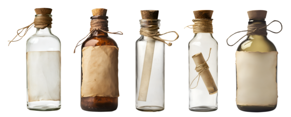 Collection set of message blank note label on rustic empty bottle on transparent background cutout, PNG file. Many different style. Mockup template for artwork graphic design