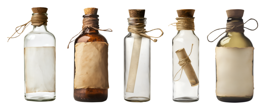 Collection set of message blank note label on rustic empty bottle on transparent background cutout, PNG file. Many different style. Mockup template for artwork graphic design