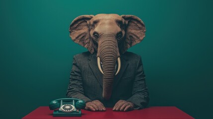 Elephant head human in suit with vintage phone.