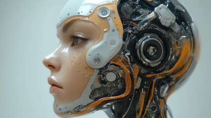 A humanoid robot, artificial intelligence is thinking or analyzing data with glowing code structure floating in the head