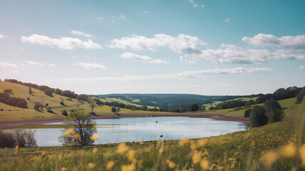 Obraz premium Nature’s Harmony, Hills, Water, and Sky 