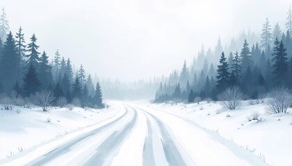 Serene winter forest road in misty landscape [with copy space]