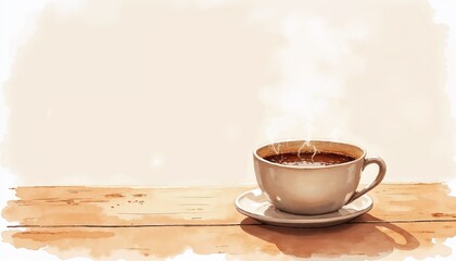 Steaming coffee cup on wooden table in watercolor style [representing warmth and relaxation] [with copy space]