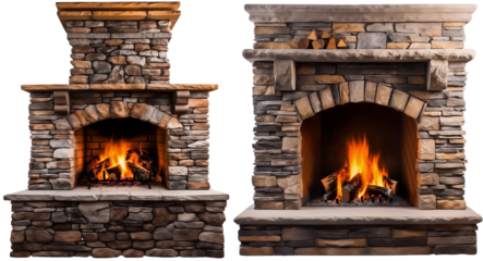 Close Up Front View To a Cozy stone fireplace PNG isolated on white and transparent background - Living room Stone mantel Cozy hearth with a warm fire