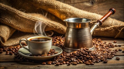 Rustic Coffee Cup and Metal Turk on Burlap Background for Cozy Morning Vibes and Coffee Lovers' Inspiration