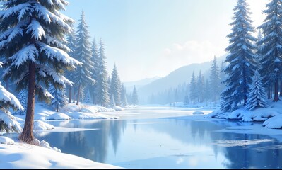Frozen lake surrounded by tall pine trees
An illustration of winter landscape with trees and snow