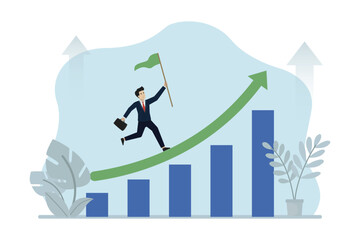 Business growth, career growth, businessman running carrying flag up growth graph. Business vector illustration.