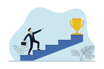 Obraz premium Business goals, business achievements, businessman climbing the ladder to achieve the winning trophy. Business vector illustration.