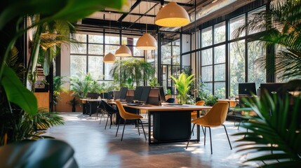 Modern office space with plants, large windows, and a collaborative atmosphere.