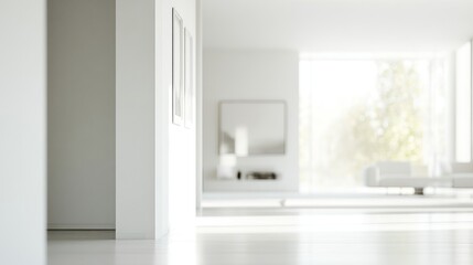 Fototapeta premium A bright, minimalist interior space with large windows and simple furnishings.