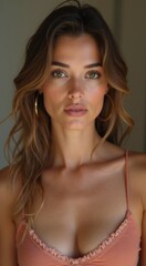 Close-Up Portrait of a Beautiful Woman with Wavy Hair in Elegant Crochet Lace Dress Smiling Confidently in Natural Window Light