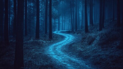 Fototapeta premium A winding path through a misty, blue-toned forest creates a mysterious atmosphere.