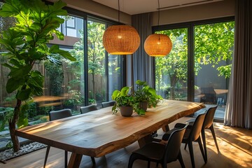 Fototapeta premium Cozy Dining Room with Wooden Table Pendant Lighting and Lush Houseplants
