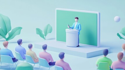 A speaker presenting at a podium in front of an audience in a modern setting.