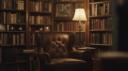 A cozy reading nook with a leather chair surrounded by bookshelves and soft lighting.