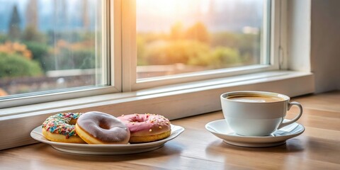 A cup of coffee and donuts on a plate on a window sill , coffee, donuts, window, morning, breakfast, bakery, treat