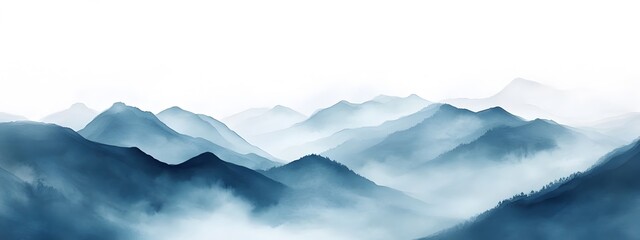 Watercolor foggy mountains, blue and gray color palette, white background, vector illustration style
