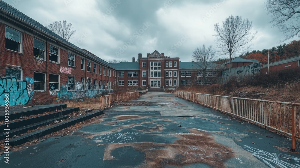 Wall mural Abandoned building with graffiti, showcasing urban decay and neglect.