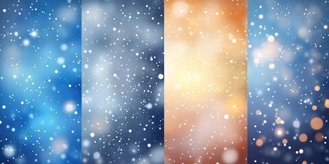4 designs Blurred winter background with falling snow, soft bokeh lights,
