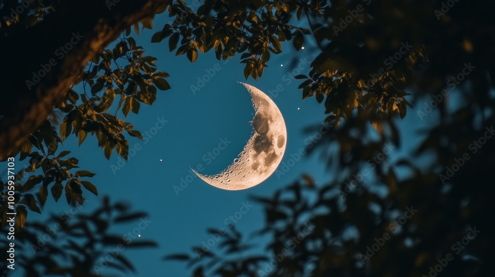 Sticker A crescent moon framed by leaves against a clear blue sky.