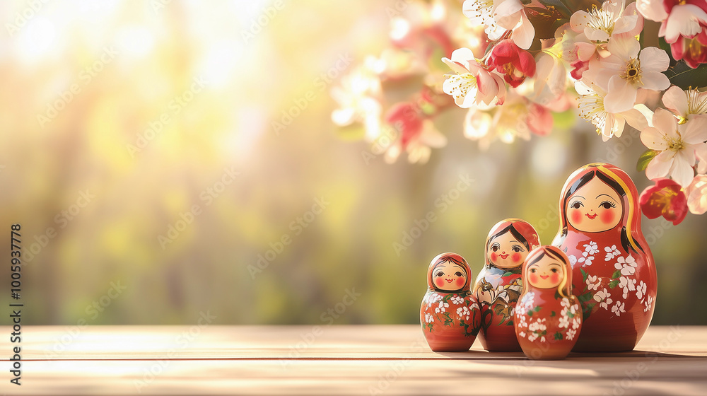 Wall mural Pretty matryoshka Russian nesting dolls traditional wooden folk art vintage floral handcrafted nostalgic outdoor sunlight cozy whimsical copy space banner background kids family toy game sunny culture