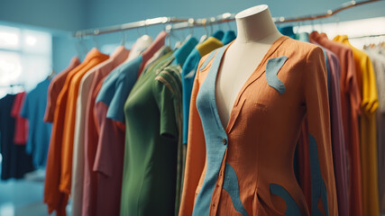 Fototapeta premium Beautiful fashion and colorful clothes created by professional cloth designer hanged on hangers