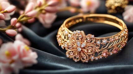 Fototapeta premium Elegant gold bracelet adorned with sparkling gemstones, surrounded by delicate pink blossoms on a luxurious fabric backdrop.