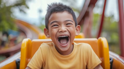 Joyful Nauruan Boy Experiencing Surprised Laughter on Roller Coaster Ride