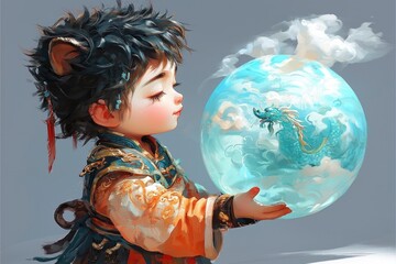 Naklejka premium Young Boy Holding a Crystal Orb with a Dragon Inside