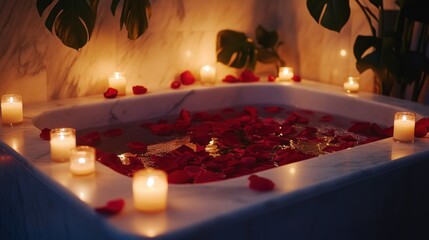 A serene bath setting with candles and rose petals for relaxation and ambiance.
