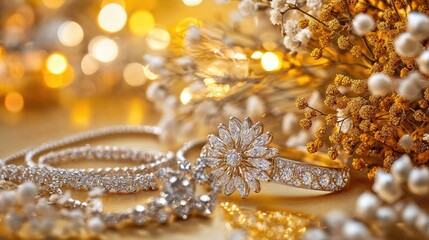 Elegant jewelry display featuring a sparkling ring and delicate floral accents in a warm, golden ambiance.