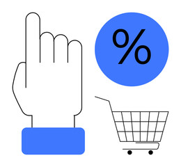 Hand pointing upwards, a blue percentage symbol, and a shopping cart on a white background. Ideal for e-commerce, digital marketing, retail discount promotions, online shopping guides, and sales