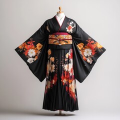 Elegant traditional kimono with vibrant floral patterns, showcasing intricate design and rich...