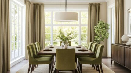 Fototapeta premium An elegant dining room with a dark wooden table, olive green upholstered chairs, and soft cream walls