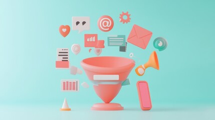 A funnel surrounded by various digital communication icons and symbols.