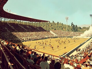 Vivid digital painting depicting an exhilarating sports arena filled with a lively energetic crowd cheering on passionate athletes as they compete in a thrilling display of athleticism