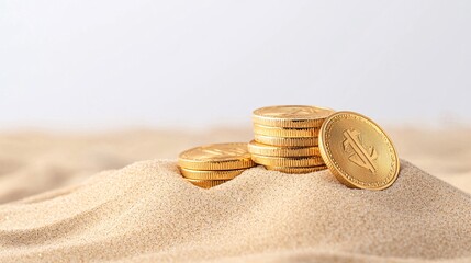 Ancient gold coins buried in sand, symbolizing hidden treasure, buried gold, treasure hunt