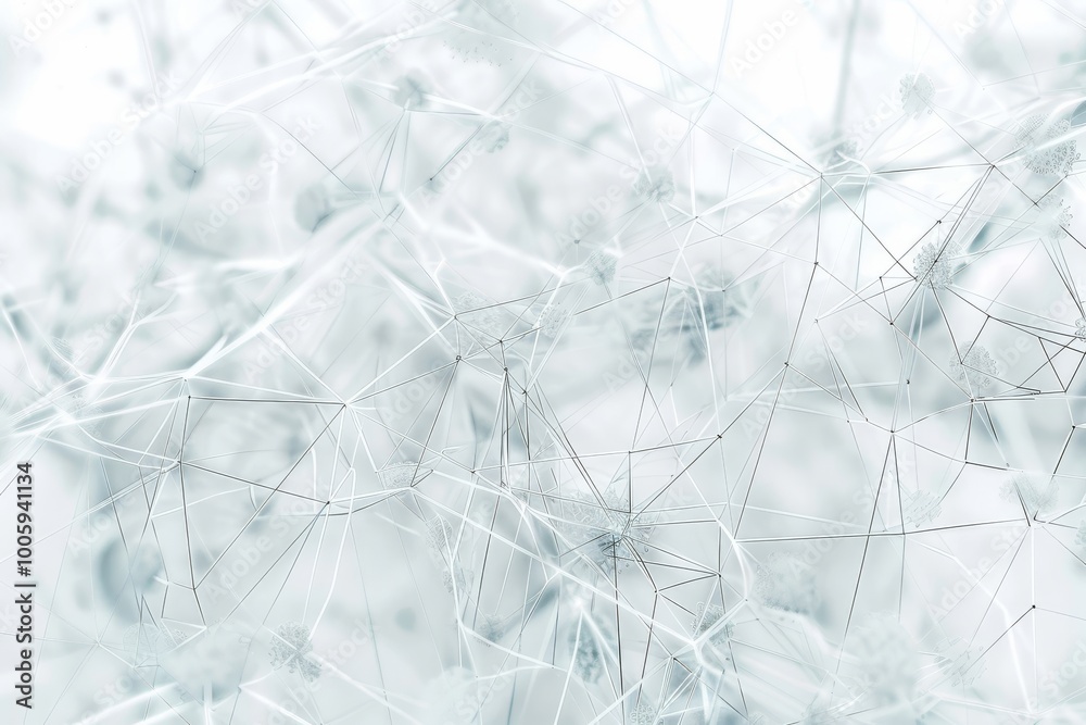 Poster delicate web of interconnected lines and shapes against a soft, ethereal white backdrop in a serene,