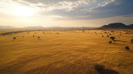 Obraz premium A bird's-eye view of a sprawling savannah landscape, with golden grasses stretching endlessly toward the distant mountains under a bright sky.
