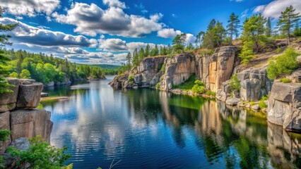 Fototapeta premium Lake surrounded by rocky cliffs in a forested area, lake, rocky cliffs, forest, water, nature, rocks, trees, landscape