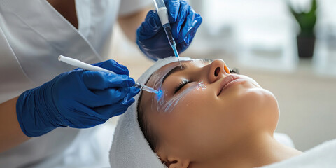 A beauty technician applying a chemical peel to a client's face, promoting smooth and rejuvenated skin