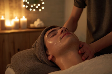 Male client is lying on a massage table with his eyes closed while receiving a relaxing head and neck massage from a masseur
