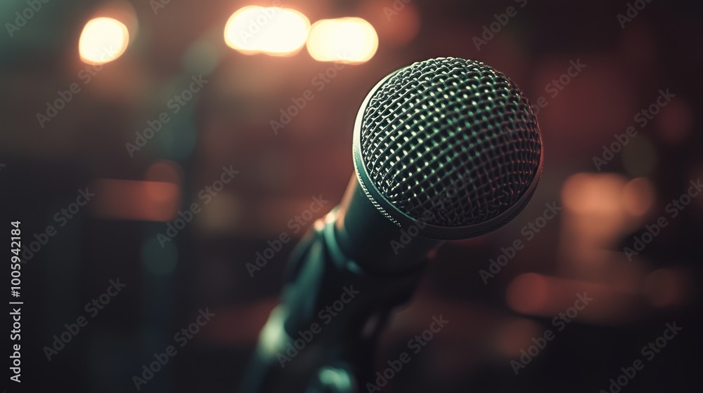 Wall mural Close-up of a microphone, emphasizing its texture and design for performance settings.