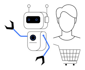 A bot with a man and a shopping cart. Ideal for tech, e-commerce, AI, automation, customer service. Minimalist futuristic design highlights the importance of integrating robots in retail to enhance