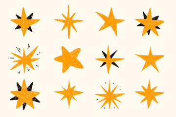 Star drawing with grunge brush strokes. Cartoon elements. Doodle pencil stars isolated on a white background. 