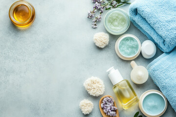 Skincare products and accessories are lying on a blue textured surface forming a relaxing background for a spa treatment