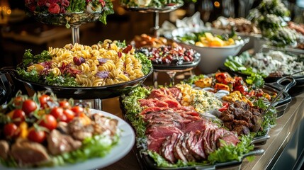 Fototapeta premium A buffet table filled with a variety of dishes, including salads, pasta, grilled meats, and desserts, in a hotel dining area.